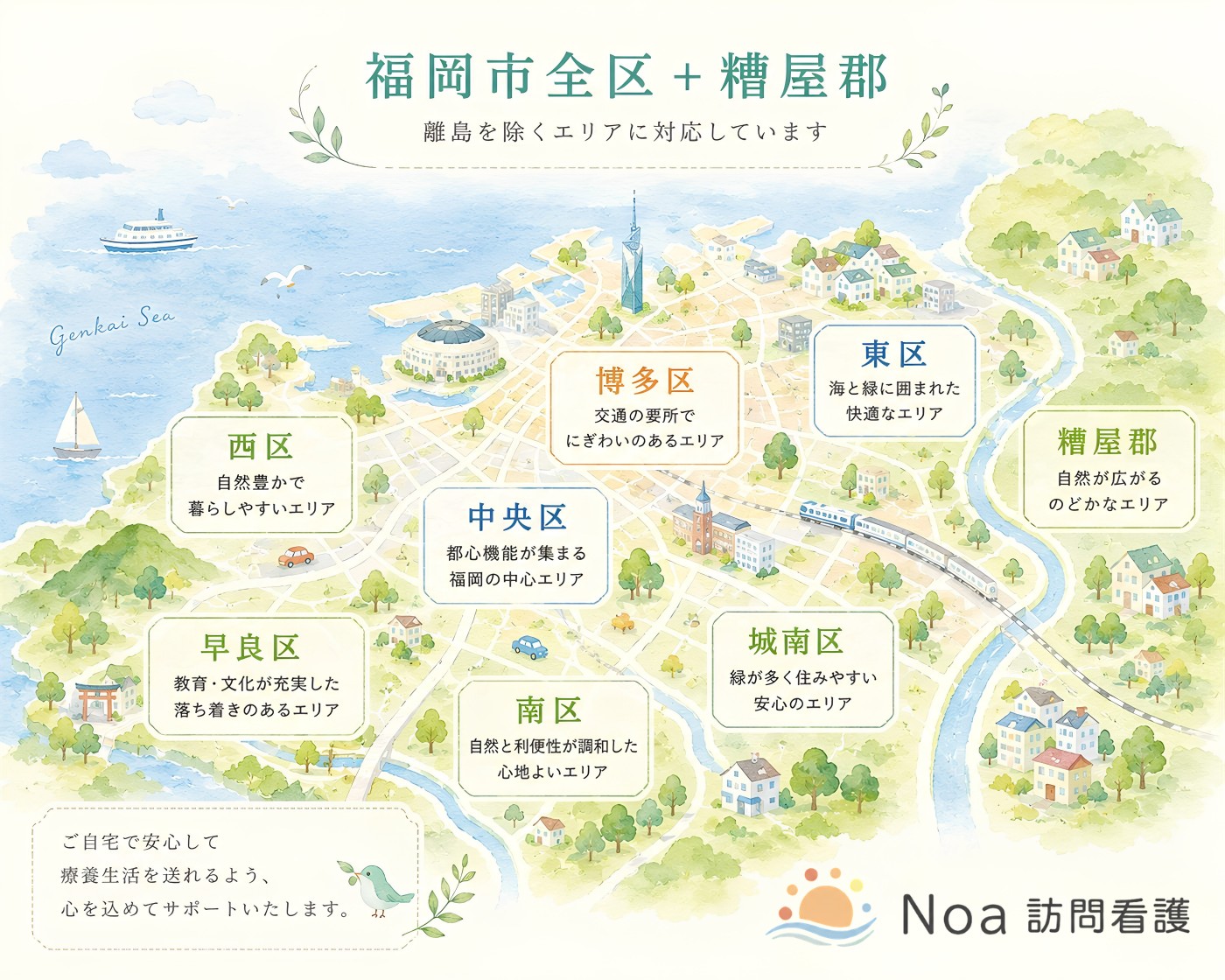 訪問看護Noa 訪問エリア：福岡市全区（博多区・東区・南区・城南区・早良区・西区・中央区）＋糟屋郡（離島除く）